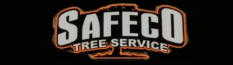 Logo for Safeco Tree Service on a black background. The logo has white text with orange outlines.