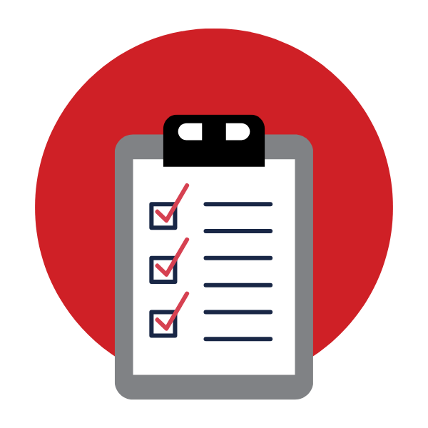 A clipboard with a checklist on it in a red circle.