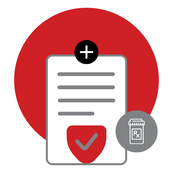 An icon of a checklist with a bottle of pills next to it.