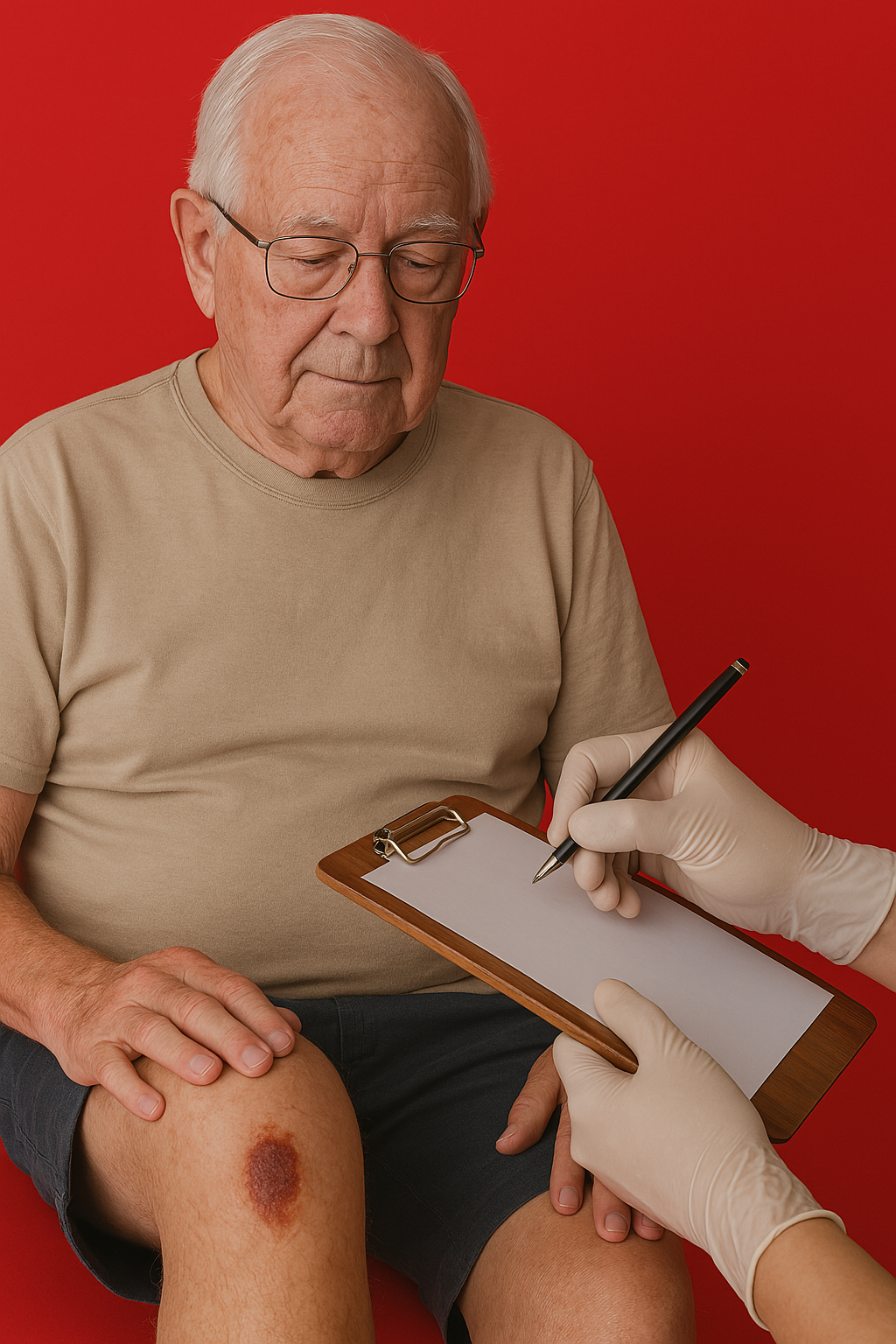 An elderly man with a knee injury is being examined by a doctor.