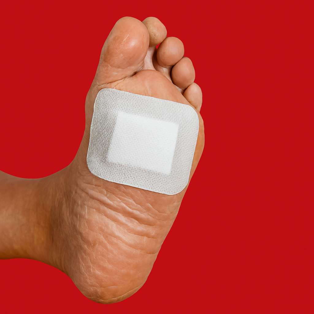 A person 's foot with a bandage on it
