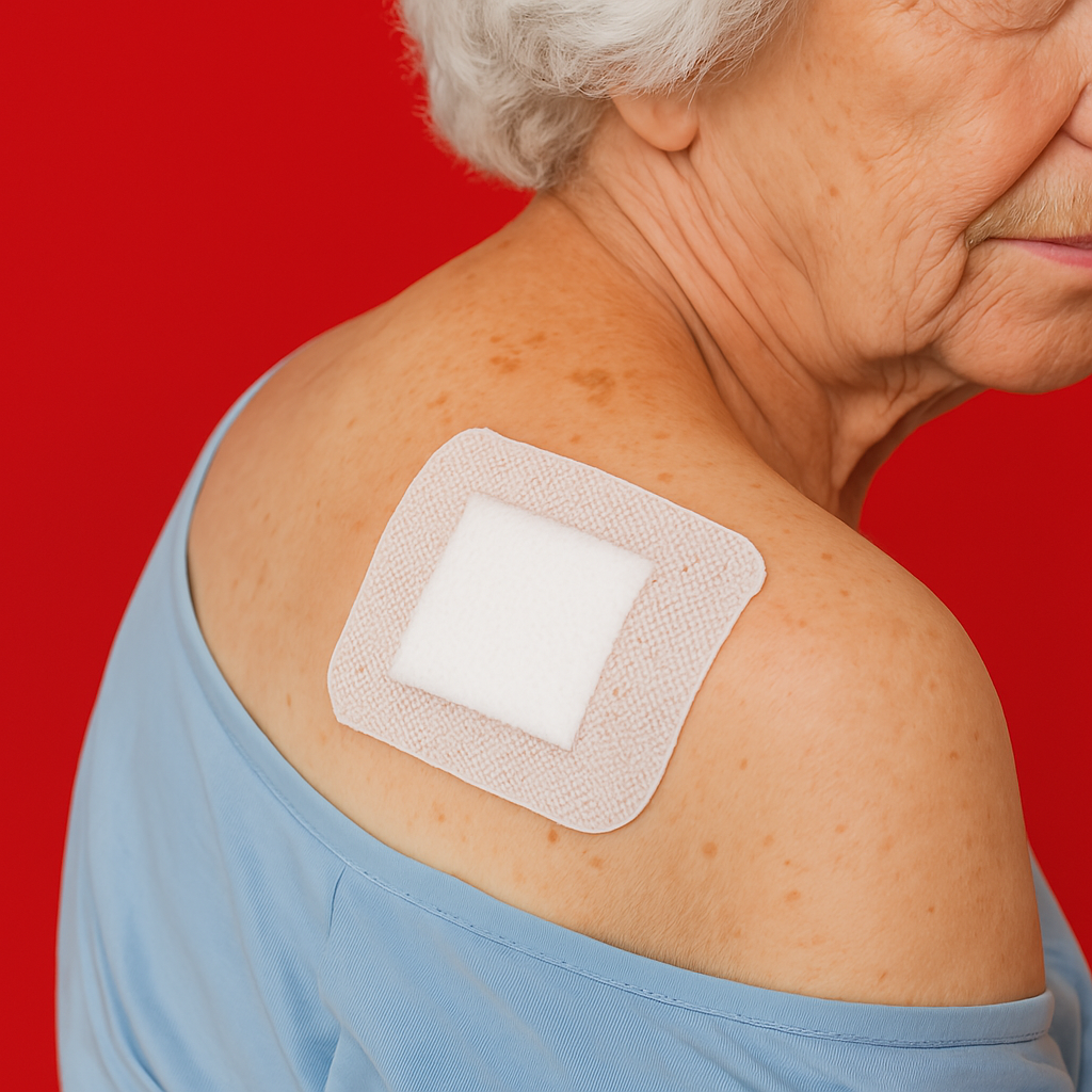 An elderly woman has a bandage on her shoulder
