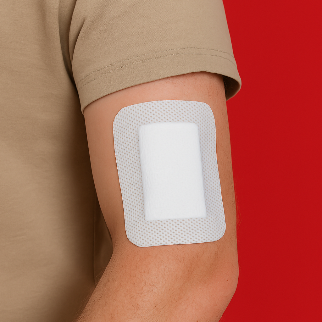 A person has a white bandage on their arm