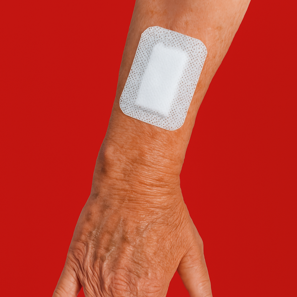 A person 's arm with a bandage on it