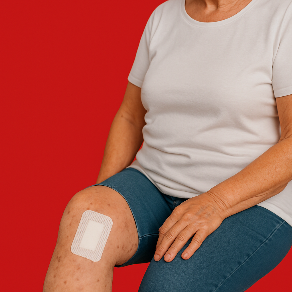 A woman is sitting with a bandage on her knee.