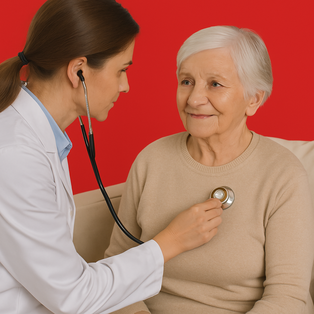 A doctor is listening to an elderly woman 's heart with a stethoscope