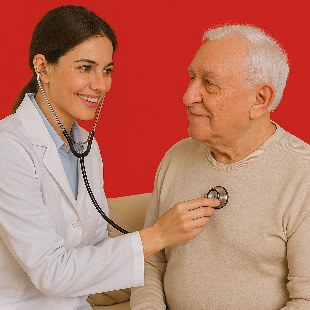A doctor is listening to an elderly man 's heart with a stethoscope