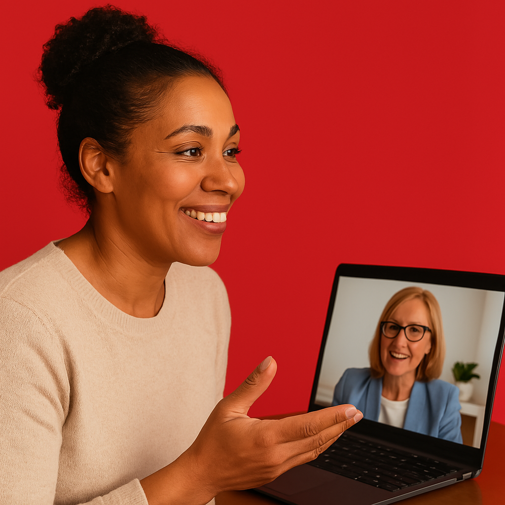 A woman is sitting in front of a laptop computer talking to another woman.