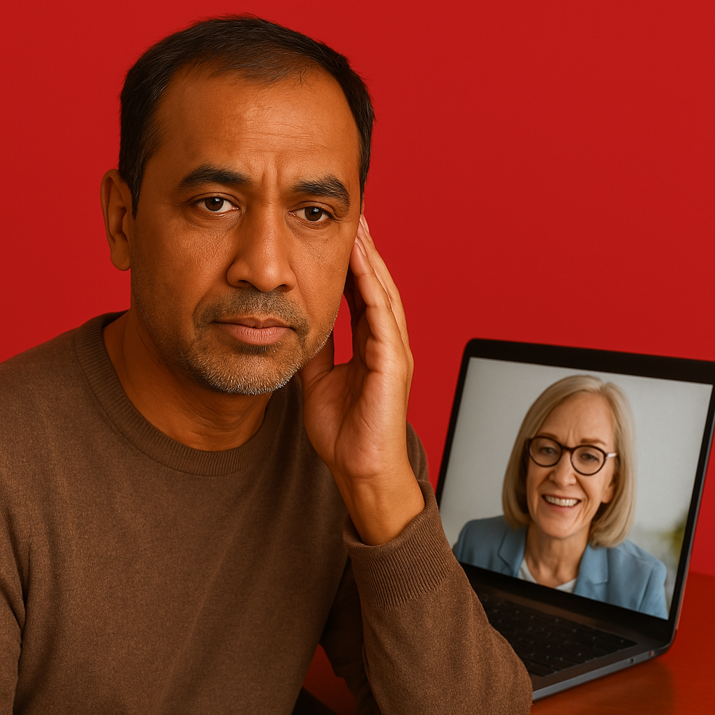A man is sitting in front of a laptop with a picture of a woman on the screen.