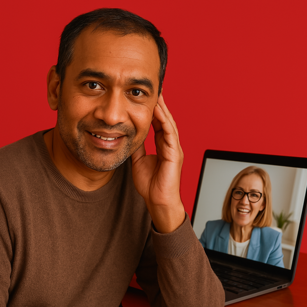 A man is sitting in front of a laptop computer with a picture of a woman on the screen.