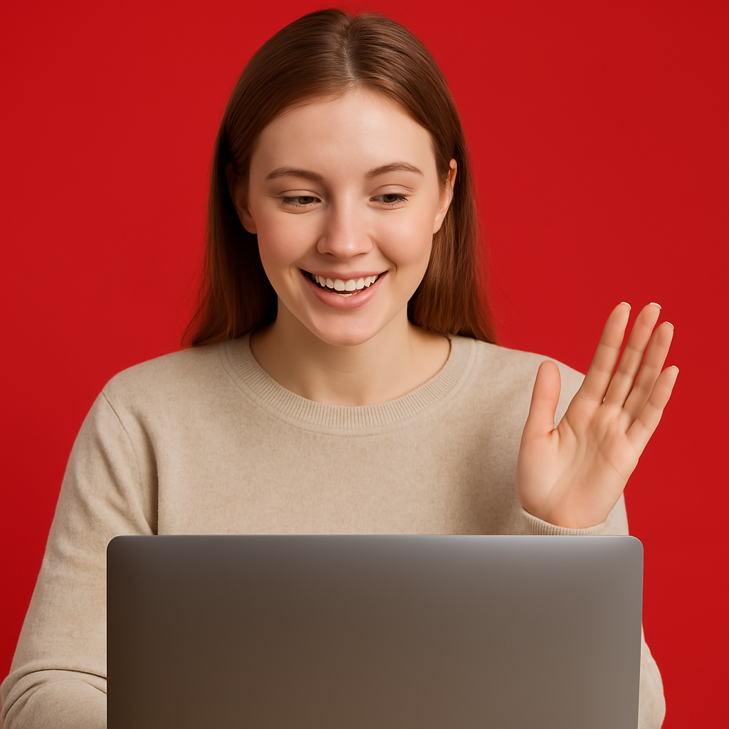 A woman is smiling and waving while using a laptop computer.