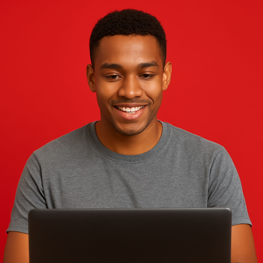 A man is smiling while using a laptop computer on a red background.