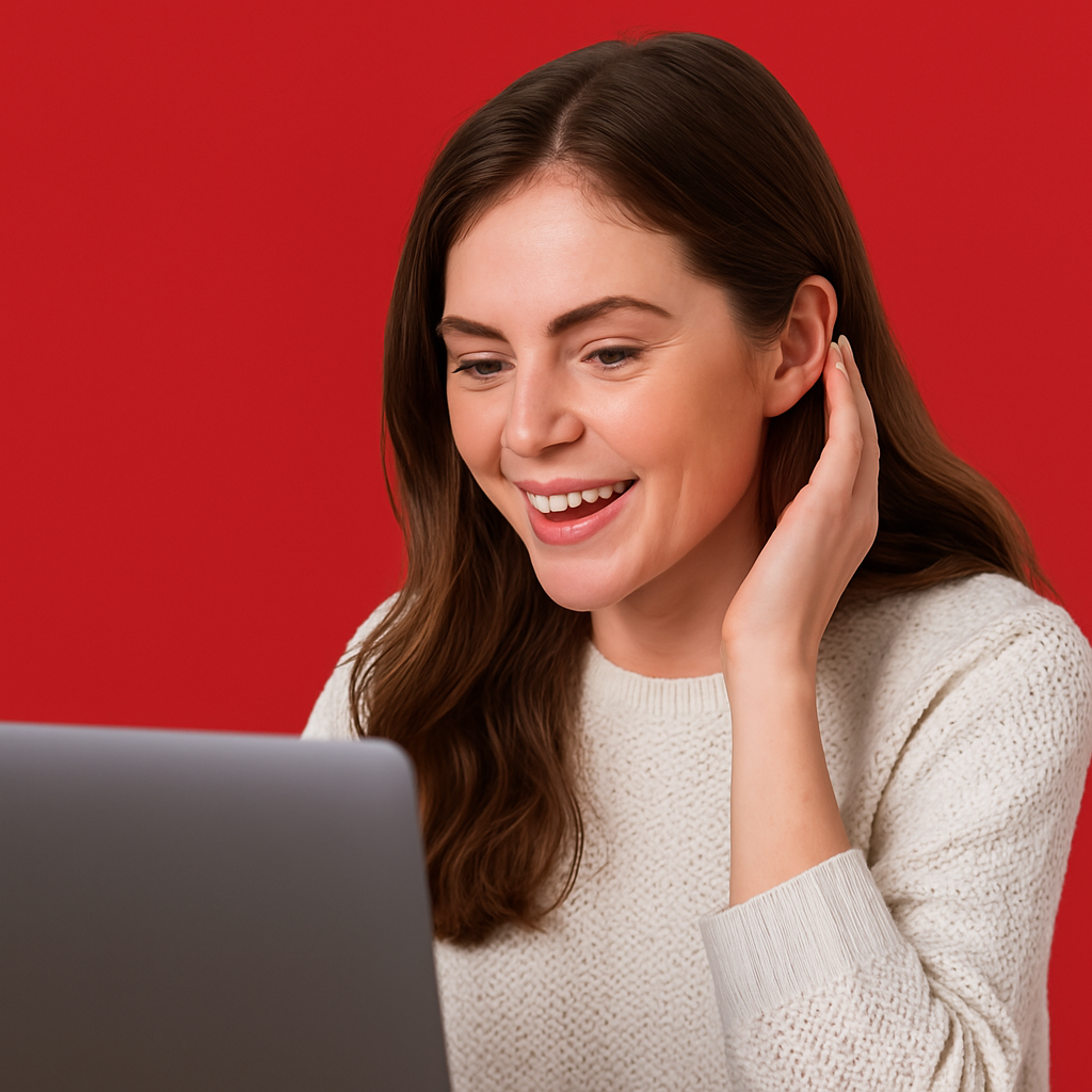 A woman is smiling while looking at a laptop computer.