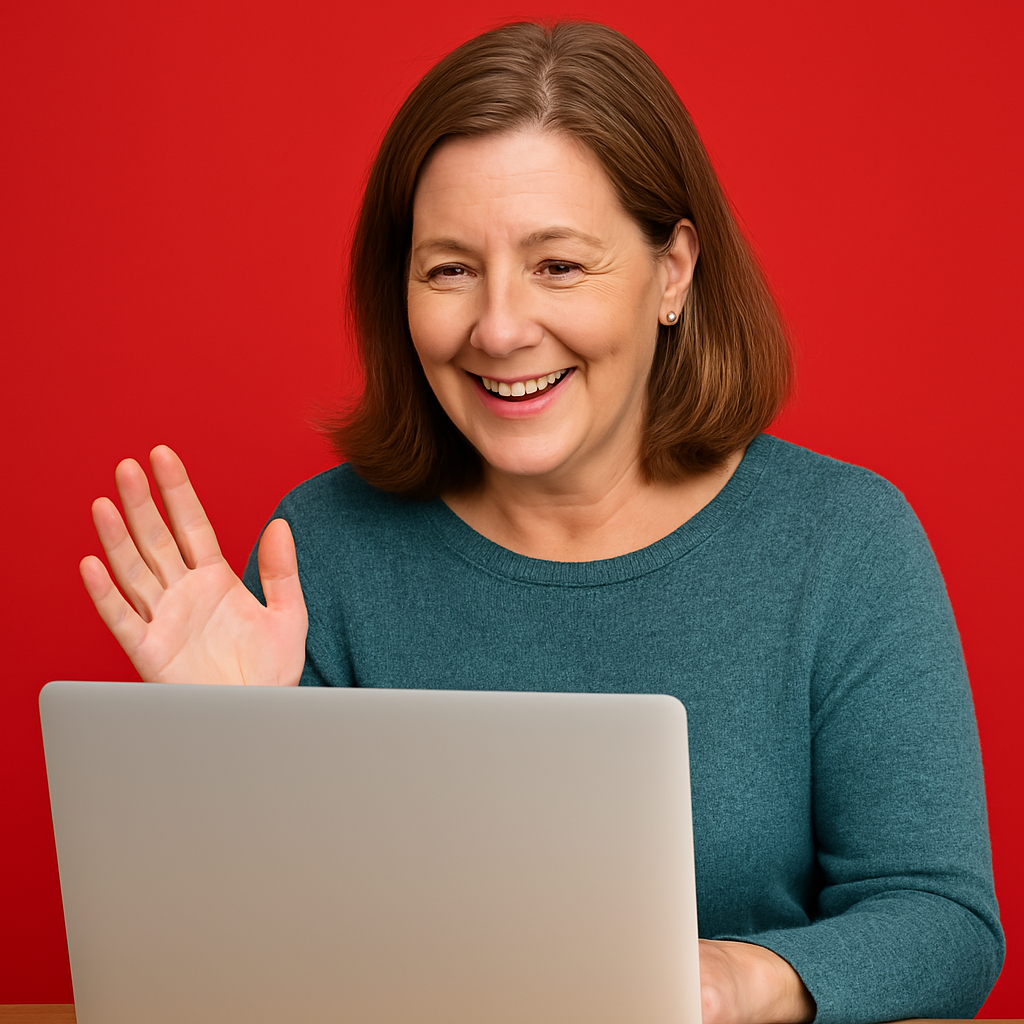 Two women are standing next to each other on a red background.