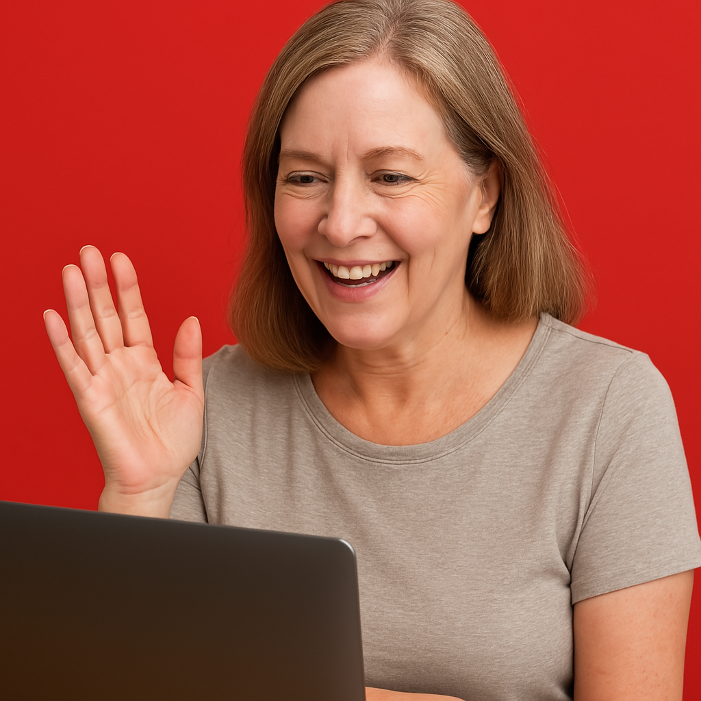 A woman is smiling and waving while using a laptop computer.