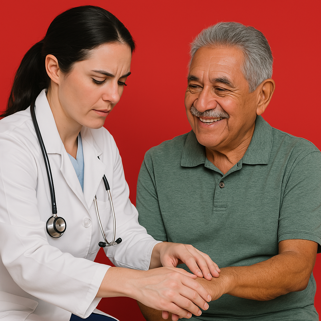 A doctor is examining the wrist of an older man.