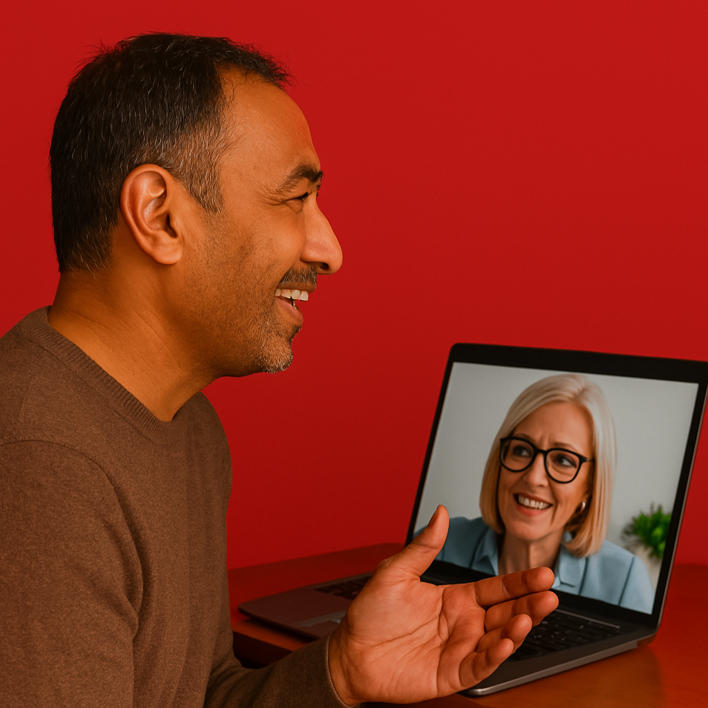 A man and a woman are having a video call on a laptop.
