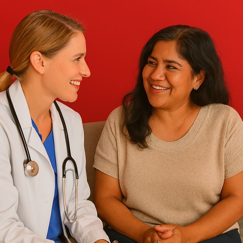 A doctor is talking to a patient who is smiling