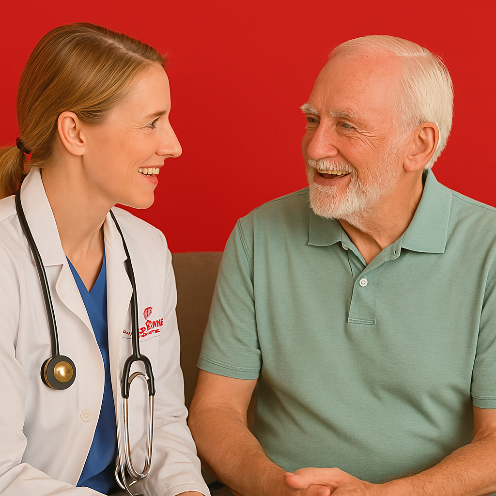 A female doctor is talking to an older man