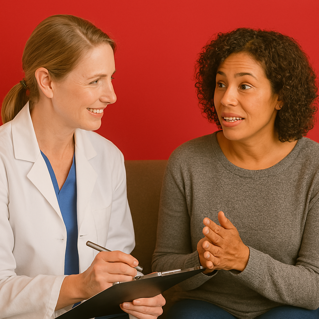 A doctor is talking to a patient who is holding a clipboard