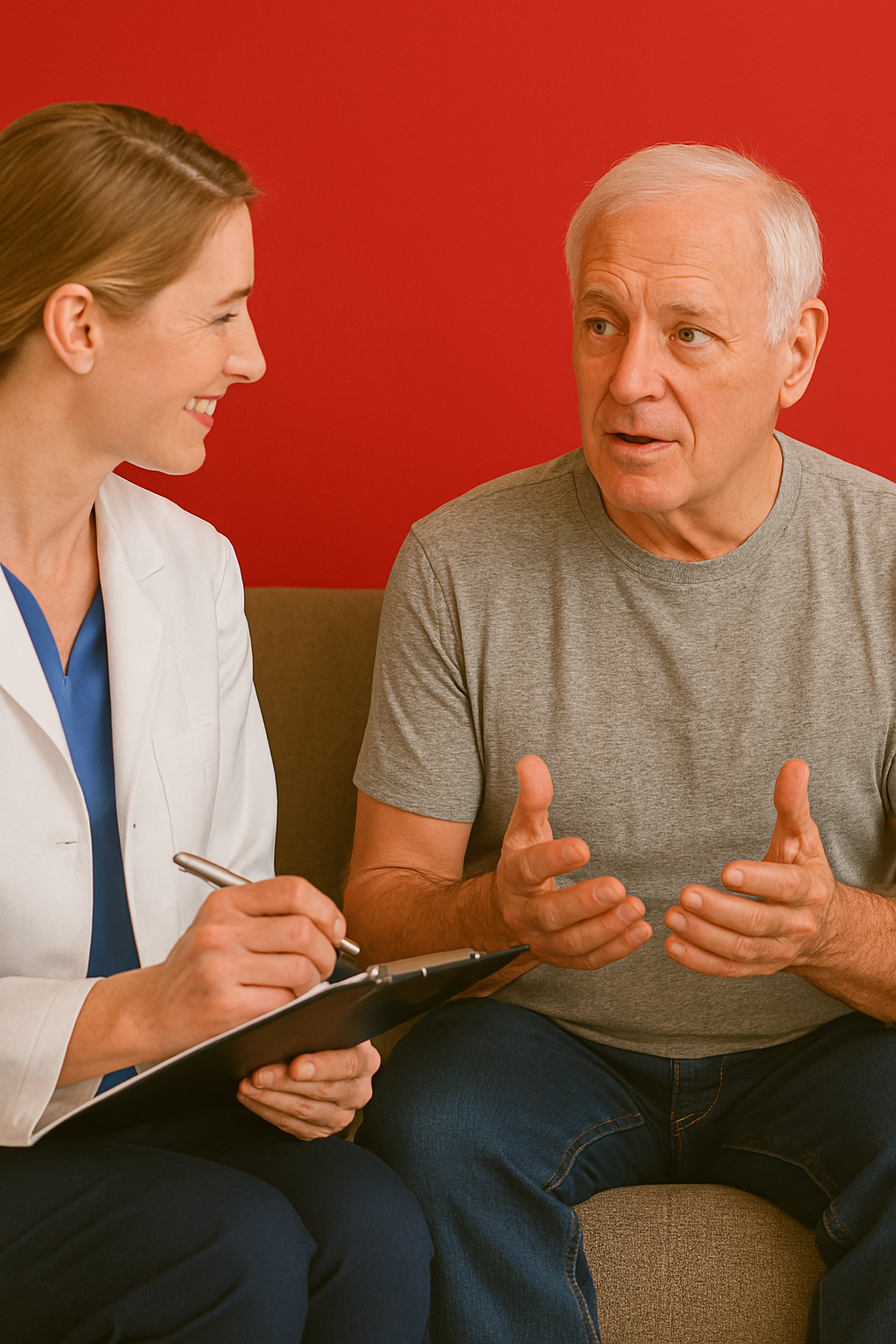 A doctor is talking to an older man while holding a clipboard.