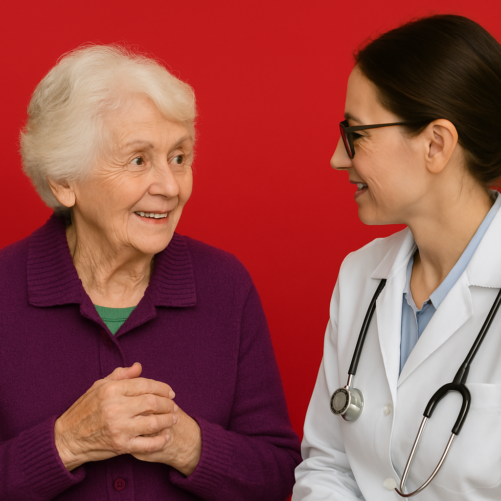 A doctor is talking to an elderly woman with a stethoscope around her neck