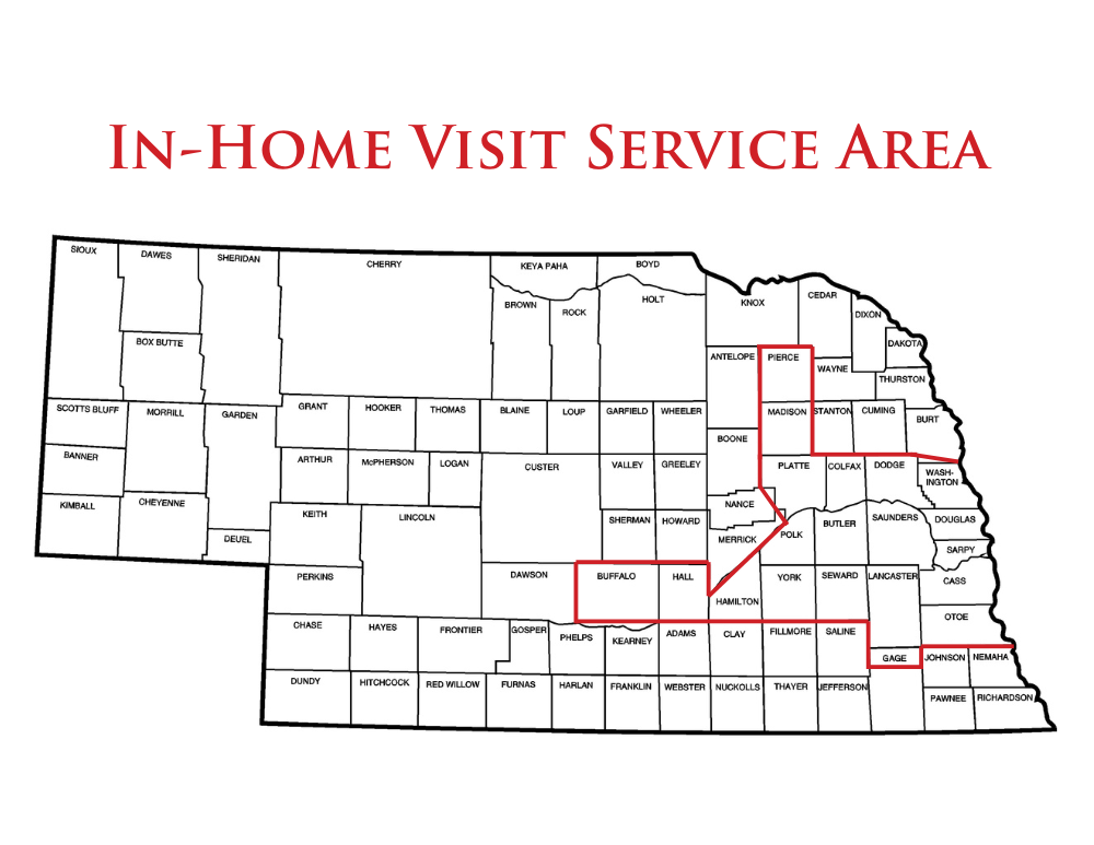 A map of nebraska showing the in-home visit service area
