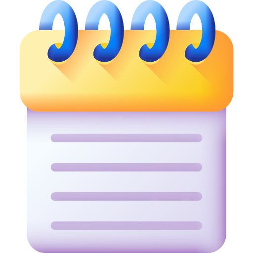 Calendar with yellow top, blue rings, and lined paper.