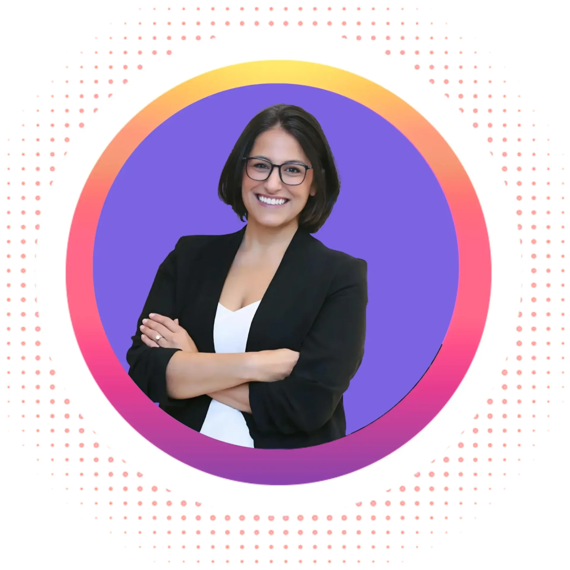 Woman in business attire with crossed arms, smiling, framed in a purple and orange circle.