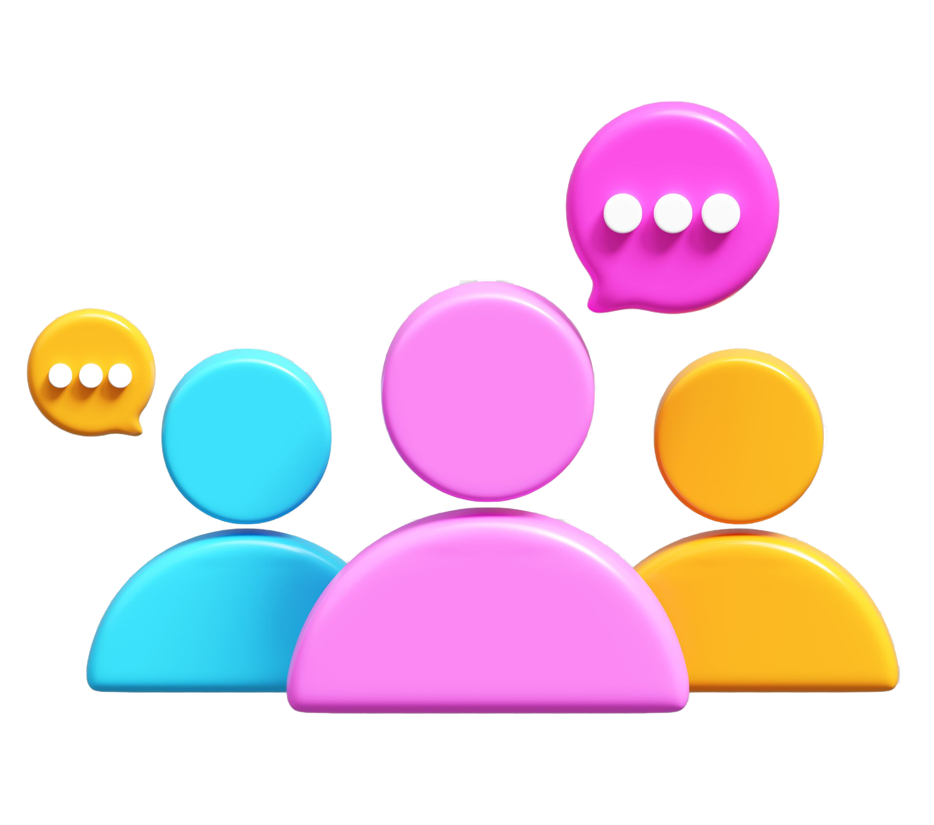 Three cartoon figures: blue, pink, and yellow, with speech bubbles, indicating conversation or discussion.