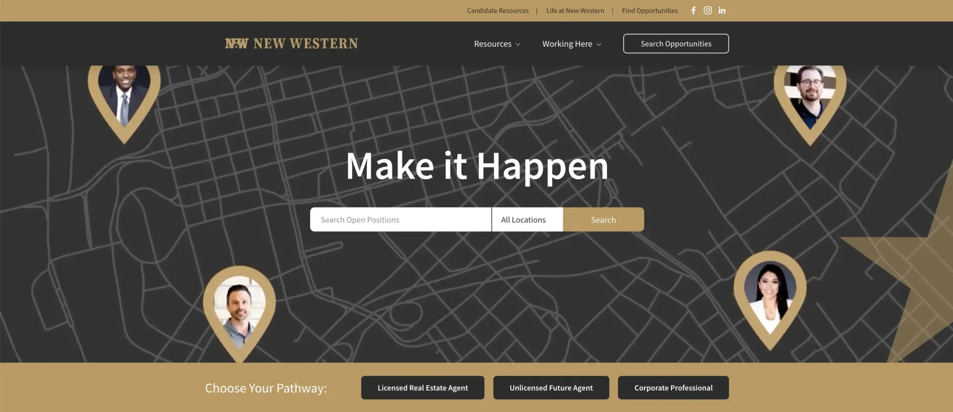 Website promoting real estate services with map and agent profiles.