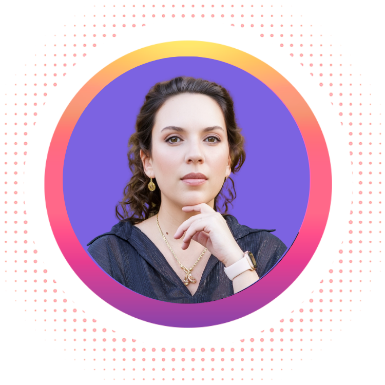 Woman with curly brown hair, resting chin on hand. Circular profile, purple and pink gradient ring, dots in the background.