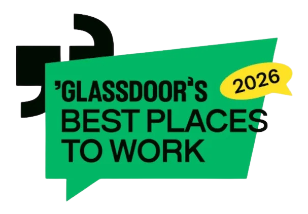 Glassdoor's Best Places to Work award logo, green speech bubble, black text, with a yellow 2026 speech bubble.