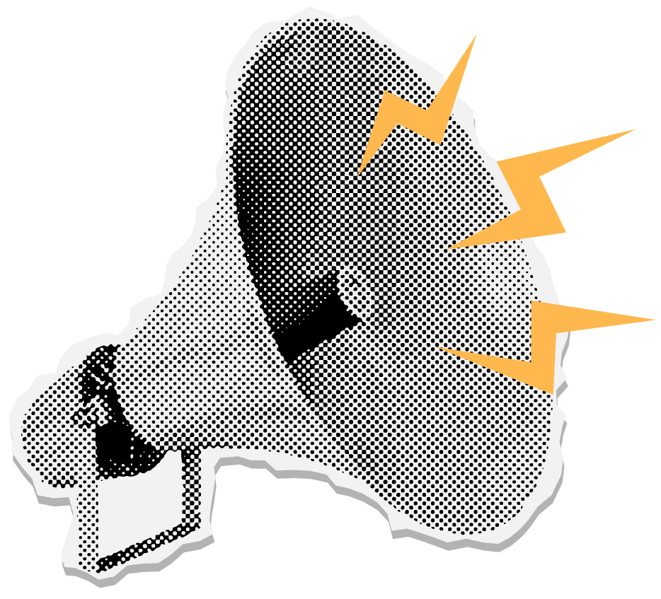 Black and white megaphone with orange sound lines, announcing something.