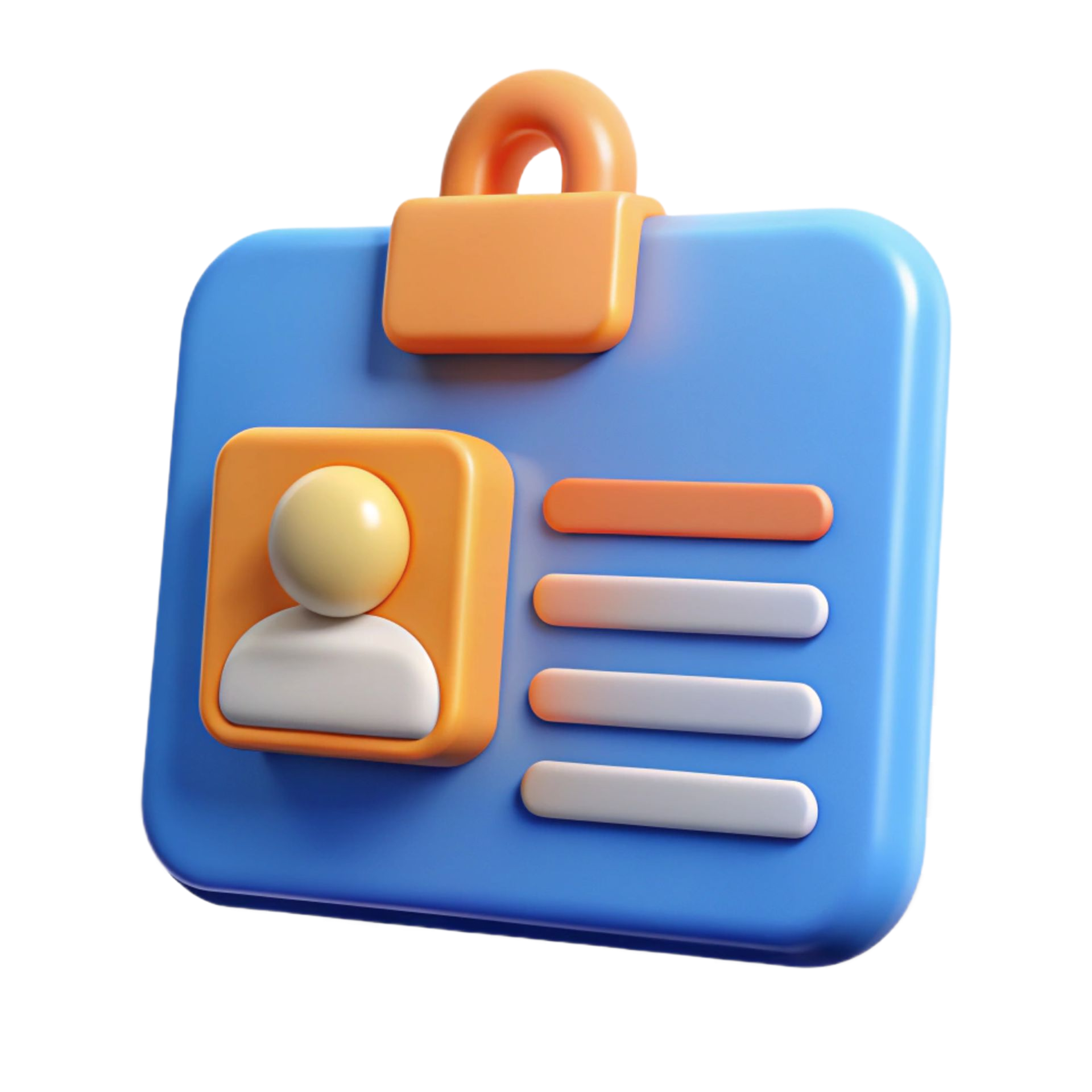 Blue and orange 3D ID badge with a person icon and data fields.