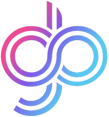 Abstract logo with interlocking loops and lines in a gradient of pink, purple, and blue.