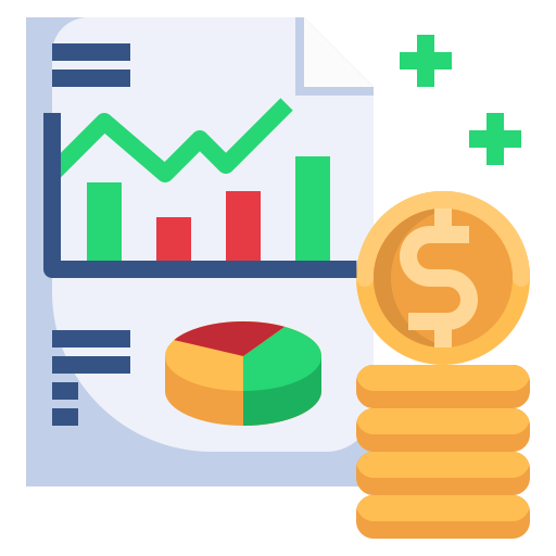 Financial report with graphs, charts, and coins indicating financial growth.