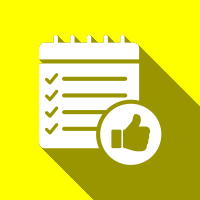 Checklist and thumbs-up icons on a yellow background with a long shadow