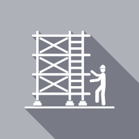 White scaffold icon with a worker beside it on a gray background with a long shadow