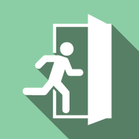 White running figure entering a doorway on a green background, emergency exit icon