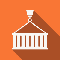 White cargo crane lifting a shipping container on an orange background