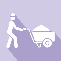 Worker pushing a wheeled cart with a load, in white on a purple background