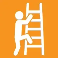 White climbing person on orange background ascending a ladder icon