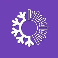 White snowflake-like logo on a purple background