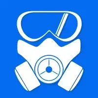 White gas mask icon on a blue square background