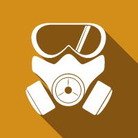 White gas mask icon on orange background with long shadow