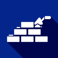 White bricks with a trowel icon on a blue background, representing construction or masonry.
