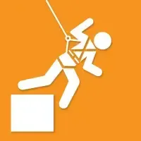 White climber icon on orange background falling from a rope above a ledge