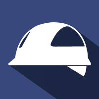White construction hard hat icon on a dark blue background with a diagonal shadow.
