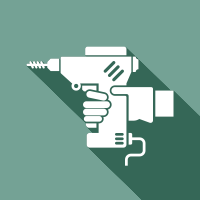 White power drill icon on teal background with long diagonal shadow